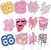 Whaline 72Pcs Preppy Cupcake Topper 12 Designs Pink Face Star Lightning Lips Cupcake Picks Preppy Boho Y2k Food Picks with Sticks Glue Point for Girl Birthday Bachelorette Party Supplies Cake Decor