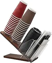 Paper Cup and Lid Holder with Straw Organizer, Disposable Coffee Cup Dispenser for Countertop Coffee Station Bar Restaurant Breakroom, Wooden