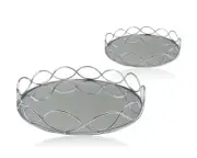 SET 2 ROUND SILVER MIRROR TRAY FRUIT PLATTER SERVING HOLDER 30X5CM