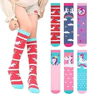 [PHOGARY] 6 Pairs Girls Knee High Socks, Cute Socks Colorful Cartoon Animal Welly Socks Warm Cotton Crazy Fun Kids Odd Socks Mid Calf Long Boot Socks For 3-12 Years Girls, One Size, Multicolor