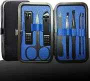 Manicure Set Nail Clippers Set Stainless Steel Professional Pedicure Kit 8 Pieces Blue Grooming Kit Nail Scissors Cutter Ear Pick Tweezers Scissors Eyebrow Nail File for Man&Women Gift