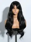 Black Wig with Bangs Long Wavy Wigs for Women Curtain Bangs Wig 26 Inch Synth...