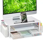 AUPSEN Monitor Stand Riser, 2-Tier Wood Computer Desk Organizer with Drawer, Pen Storage & Tablet Phone Holder ，Office Desk Accessories Desktop Organizer for Home, Office and School (white)