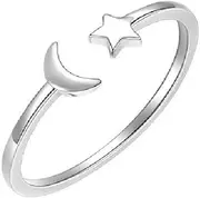 [Generic] Crescent Moon Star Thin Minimalist Cute 925 Sterling Silver Engagement Tiny Open Tail Rings Dainty Adjustable Finger Promise Statement Small Ring Jewelry
