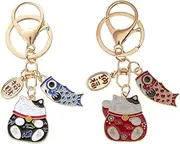 [TOYANDONA] 2pcs Japanese Keychain Cute Maneki Neko Key Ring Chinese Fortune Pendants Keychain Bag Purse Charm Ornament for Wealth Blue Red
