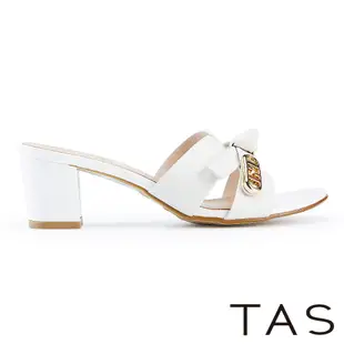 TAS 造型金屬飾釦真皮高跟拖鞋 白色