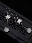 925 Silver Women Jewelry Natural White Jade Lotus Earrings Charm Chalcedony