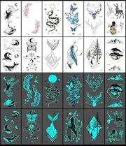 12 Sheets Glow in the Dark Tattoo Sticker Waterproof - Temporary Tattoos - Butterfly Deer Elf Feather Geometric Mermaid Snake Whale - Makeup Body Art Tattoo Sticker Pack for Adults Kids - 10.5x6CM - SteadyINK®