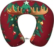 SKKNT Funny Christmas Moose Print Lightweight Travel Neck Pillow U-Shaped Memory Foam Head Neck for Airplanes