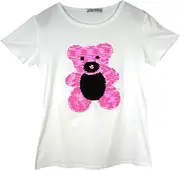 [Aelstores] Girls Cat Teddy Bear Penguin Animal T-Shirt Brush Changing Sequin Short Sleeve Tee Top Age 3-14 Years