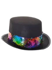 Fancy Black Costume Top Hat with Rainbow Sequin Band