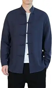 [Lmtossey] Chinese Traditional Tang Suit Hanfu Kimono Shirt Solid Color Men's Stand Collar Casual Jacket Retro Button Top