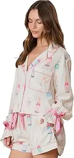 [TinyCribz] White Wine Glass Print Pajama Set for Women - Bow Knot Details, White, Small