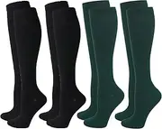 QiFon Compression Socks for Men and Women, 2/4/6 Pairs 20-25mmHg Knee Socks for Sports, Athletics, Edema, Diabetics, Varicose Veins, Travel, Pregnancy, Breastfeeding, 4 Pairs, 2BK + 2SLV, Small