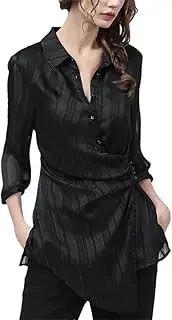 [Generic] Womens Striped Chiffon Tunic Blouse Short Sleeve Turn-Down Collar Slimming Summer Irregular Button-Down Shirts