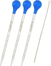 uxcell Graduated Dropper Pipettes Kit, 3 Pcs 1ml Borosilicate Glass Pipette with Blue Rubber Cap and Brush for Transfer Liquid for Lab, Chemistry, Clear