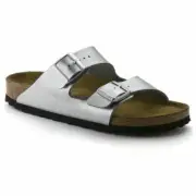 Women's Birkenstock Soft Footbed Sandal Arizona Silver Birko-Flor Narrow