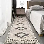 Boho Runner Rug 2'x6', Washable Hallway Farmhouse Area Rug, Kitchen Floor Mat with Tassels, Tufted Cotton Woven Entryway Carpet, Grey