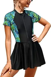 [SHEKINI] Women's Short Sleeve Rash Guard Swimdress One Piece Surfing Zipper Bathing Suit Athletic Swim Skirt, Deep Blue Print, Medium
