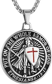 [HZMAN] Knights Templar Put On The Whole Armor of God Ephesians 6:13-17 Red Cross Design Stainless Steel Necklace for Men