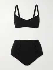 [Lisa Marie Fernandez] Lisa Marie Fernandez - Button-embellished Seersucker Bikini - Black - 4 4 Black