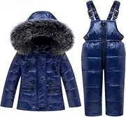 [Generic] Kids Ski Suits 2-Piece Snowsuit Set Winter Hooded Puffer Jacket + Snow Bib Pants Ultralight Skisuit Set