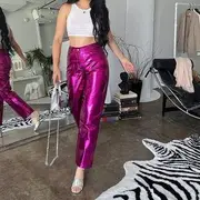 High Waist Metallic Faux Leather Straight Leg Pants Rose Pink - S