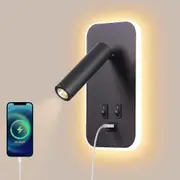 Led Wall Lamp, Bedside Reading Light With Switch, Usb Charging Port, Bedroom Mood Lighting Adjustable Spotlight (3w 3000k + 9w 6000k) Black