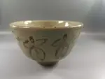 日本 唐津燒 陶山作 茶碗 抹茶碗，上繪竹林人物抽象畫篇，人