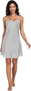 [FRODOTGV] Women's Satin Nigthtgown spaghettis Strap Sleep Shirt Loungewear Light Gray Plain Soft Sleepwear for Women S
