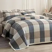 tohrisa Cotton Plaid Quilt Set, Ultra Soft 3 Pieces Queen Size Bedding with 2 Pillow Shams, Lightweight Reversible Coverlet Bedspread with Wave Quilting for Summer, 90"x96", Grid-Beige Blue