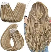 Ugeat Micro Ring Hair Extensions Human Hair Micro Beads Hair Extensions Real Remy Hair Highlight Color #10 Golden Brown with #613 Bleach Blonde Micro Links Hair 18 Inch 50g/50s