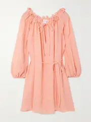 [THREE GRACES LONDON] THREE GRACES LONDON - Sorrell Belted Gathered Linen-blend Mini Dress - Coral - small small Orange