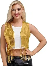 [Yeahdor] Womens Sequin Tassel Dance Tops Sleeveless Open Front Jacket Waistcoat 70s Disco Party Costume