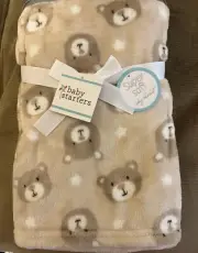 BLANKET BABY STARTER'S TAN W/ BROWN BEAR HEADS STARS FLEECE SOFT NEW FREE SHIP