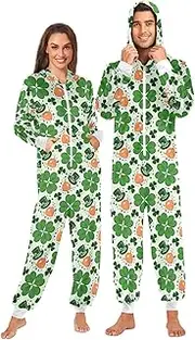[ZZXXB] Leprechaun Hat Shamrock Onesie Pajamas for Adult Women Men Long Sleeves One Piece Onesies Hooded Sleepwear S - XL