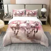 Natural Horse Bedding Set Twin Size Galloping Horse Bed Set Pink Cherry