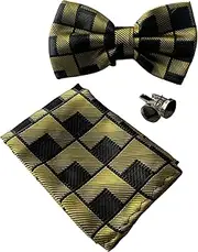 [Zasel] Mens Gold Rectilinear Matching Bow Tie, Pocket Square & Cuff Links Set Gold, Black