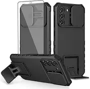 [Asuwish] Phone Case for Samsung Galaxy S21 FE 5G with Screen Protector and Slide Camera Cover Kickstand Stand Slim Protective Cell Accessories S 21 EF S21FE5G UW S21FE 21S G5 6.4 inch Women Men Black
