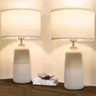 Bedside Lamps Set of 2, Ceramic Tall Bedside Table Lamps with Fabric Shade, Tabl