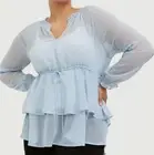 Torrid Crinkle Chiffon Drawstring Blouse 1X NWT Light Blue Polka Dot
