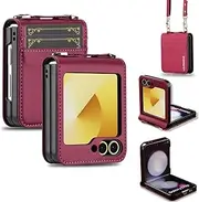 [YueHealthy] for Samsung Galaxy Z Flip6 Wallet Case with Built-in Leather Cash Slot and Credit Card Holder. Wristlet Strap and Hinge Protection, Carrying Handbag Phone Case for Women Ladies,Red