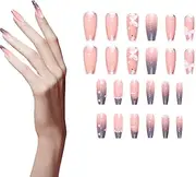 Fake Nails with Charm - Long Press on Nails with Pearl Chain,Manicure Stickers, Homemade Fake Fingertip, French Style, Glue on False Accessories for Kids