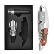 NEW three piece gift set wine opener corkscrew stopper pourer Wood & steel B194