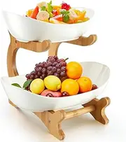 2 Tier Fruit Basket, Vegetable Bread Basket Fruit Bowl Storage Stand with Bamboo Wood Stand Porcelain Fruit Basket for Vegetable Storage for Kitchen Counter Snack Dessert Cake Tray Plate Rack