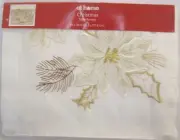 NEW Christmas Table Runner White With Gold/Bronze Poinsettias 70" L x 14" W