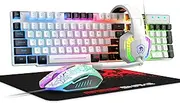 Wired Gaming Keyboard and Mouse Headset Combo,Rainbow LED Backlit Wired Keyboard,Over Ear Headphone with Mic,Rainbow Backlit Gaming Mice,Mouse Pad,for PC,Laptop,Mac,PS4,Xbox(White/Black)