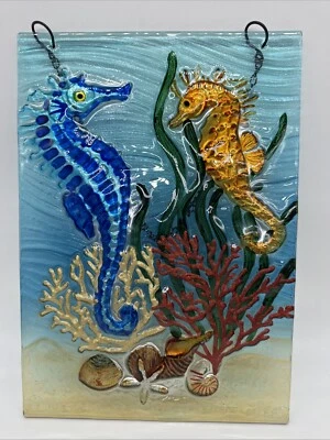 Glass Seahorse Sun Catcher Sea Ocean Inspired Window or Wall Hanging 12” x 8.5”