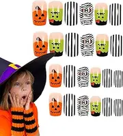 Full Cover Fake Nails - Halloween Press Nails | Scary Pumpkin Nails | Mummy And Bat Design Press Nails Short Glitter Glue Nails Stick Nails Portable For Women