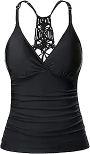Holipick Tankini Top for Women V Neck Tummy Control Swim Top Ruched Bathing Suit Top Only No Bottom